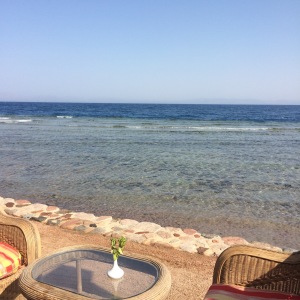 The view from the restaurant over the Gulf of Aqaba across to Saudi Arabia.